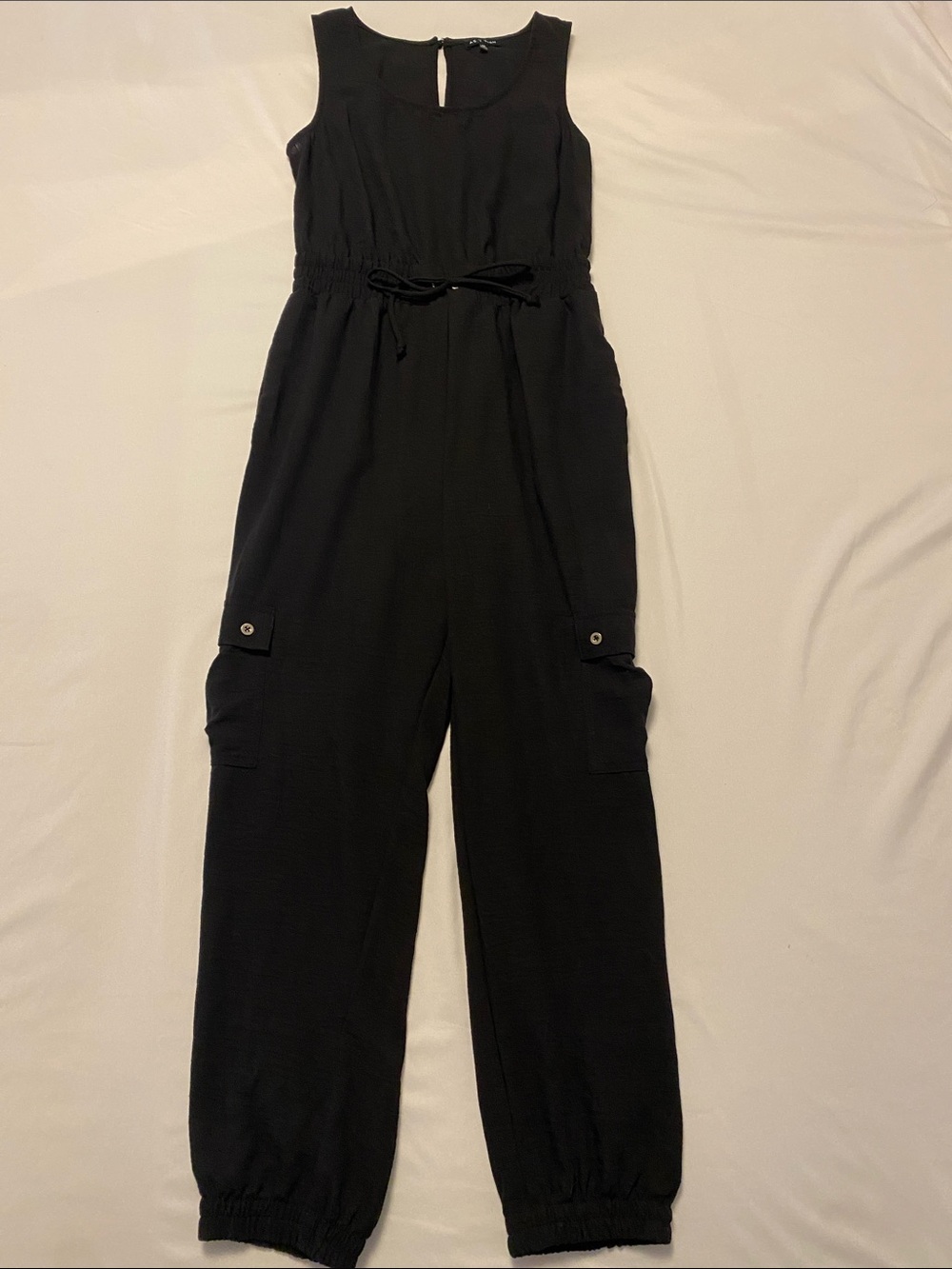 As U Wish Black Linen-Feel Cargo Jumpsuit + Pockets M